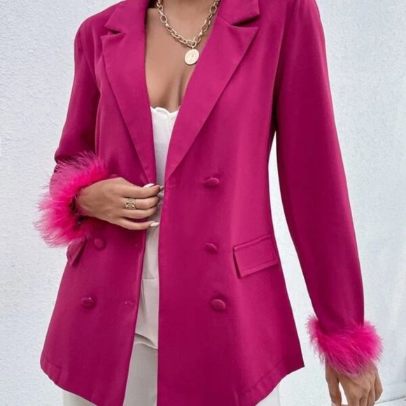 . Jackets & Blazers - Fuschia Cuff Double Breasted Classic Feather Trimmed Blazer